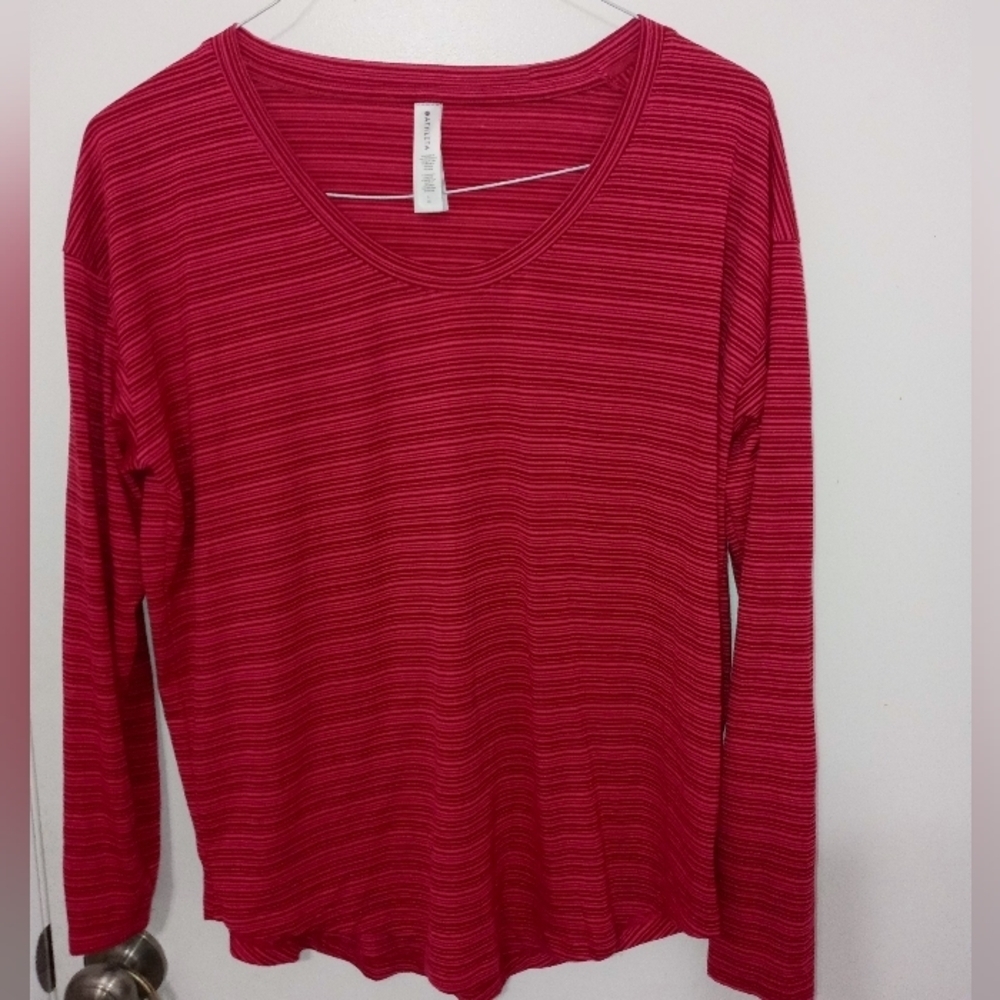 Athleta Cloudlight Stratus Merlot and Pink Long Striped Sleeve Athletic T Shirt